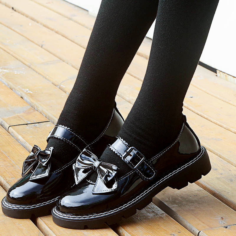 Japanese Leather Flat Shoes with Bow