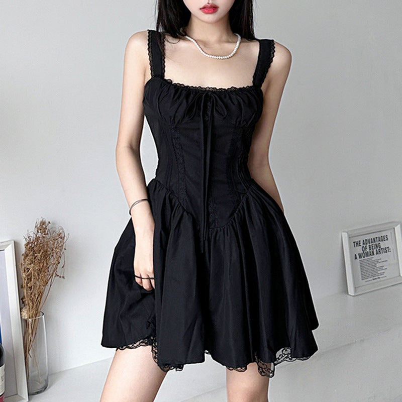 French Lace Pleated Suspender Dress