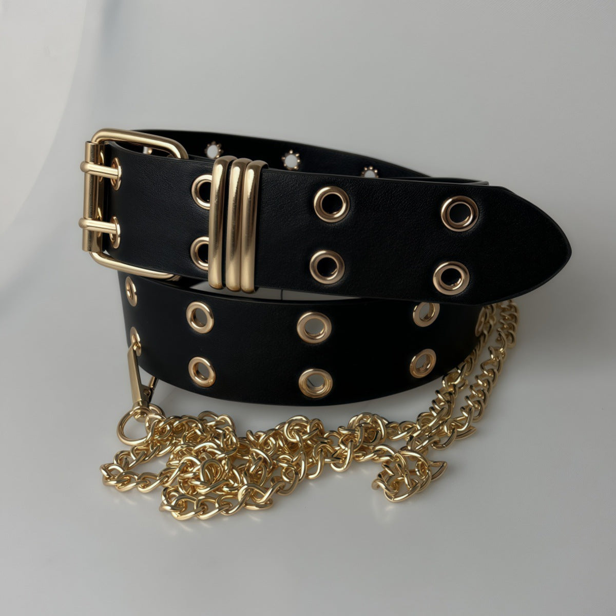 Double Grommets Leather Belt with Chain