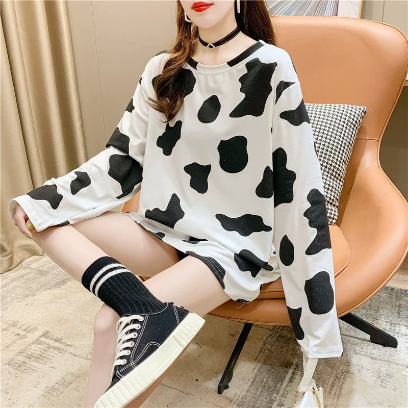 Cow Print Oversize Long Sleeve Top