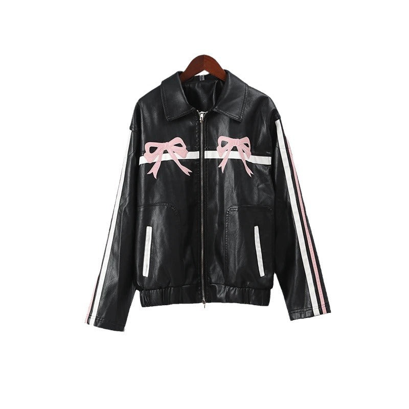 Sweet Bow Leather Bomber Jacket