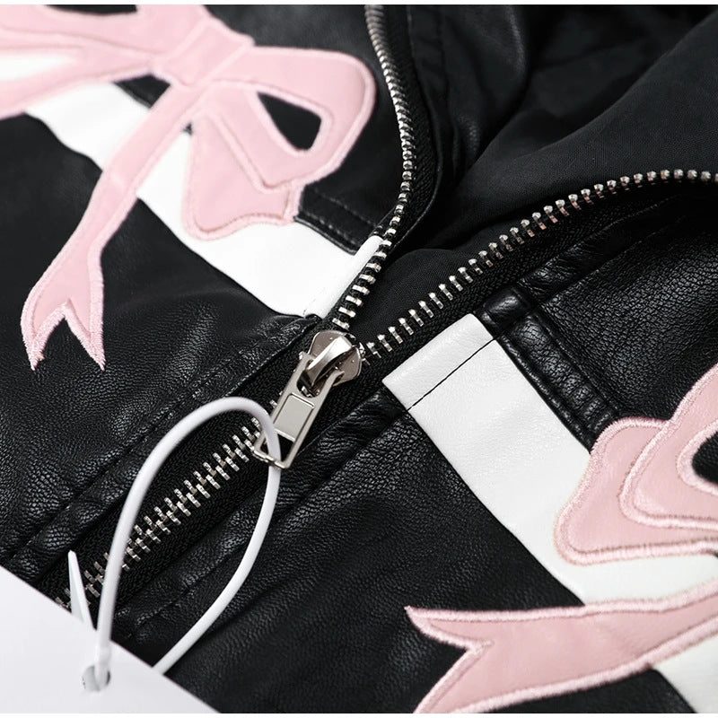 Sweet Bow Leather Bomber Jacket