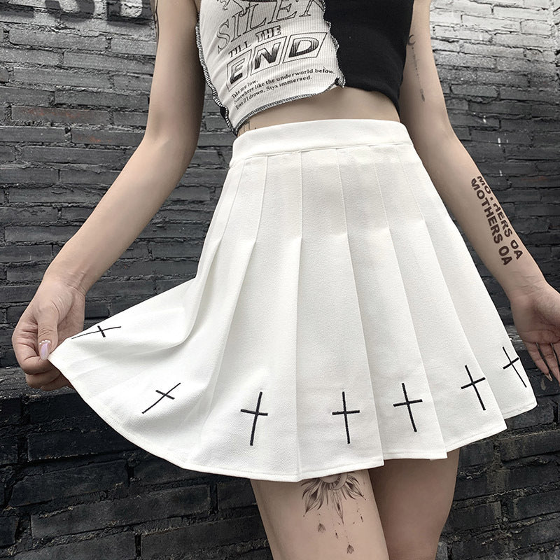 Academy Cross Embroidery Pleated Skirt