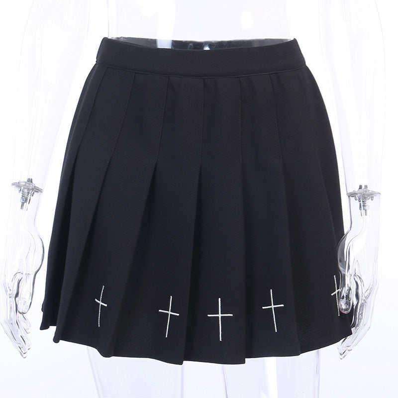 Academy Cross Embroidery Pleated Skirt