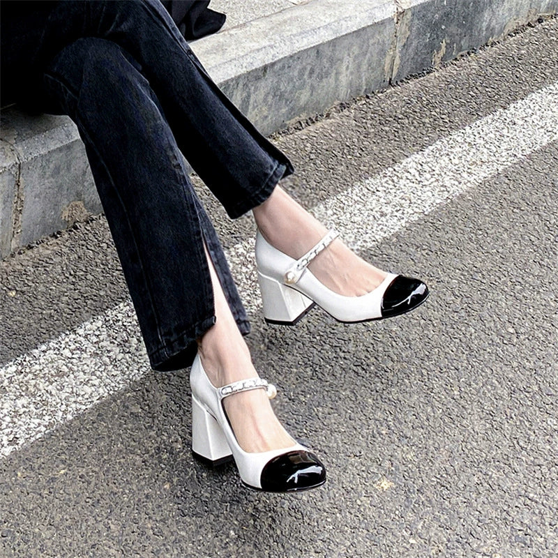 Mary Jane Black and White Chunky Heels