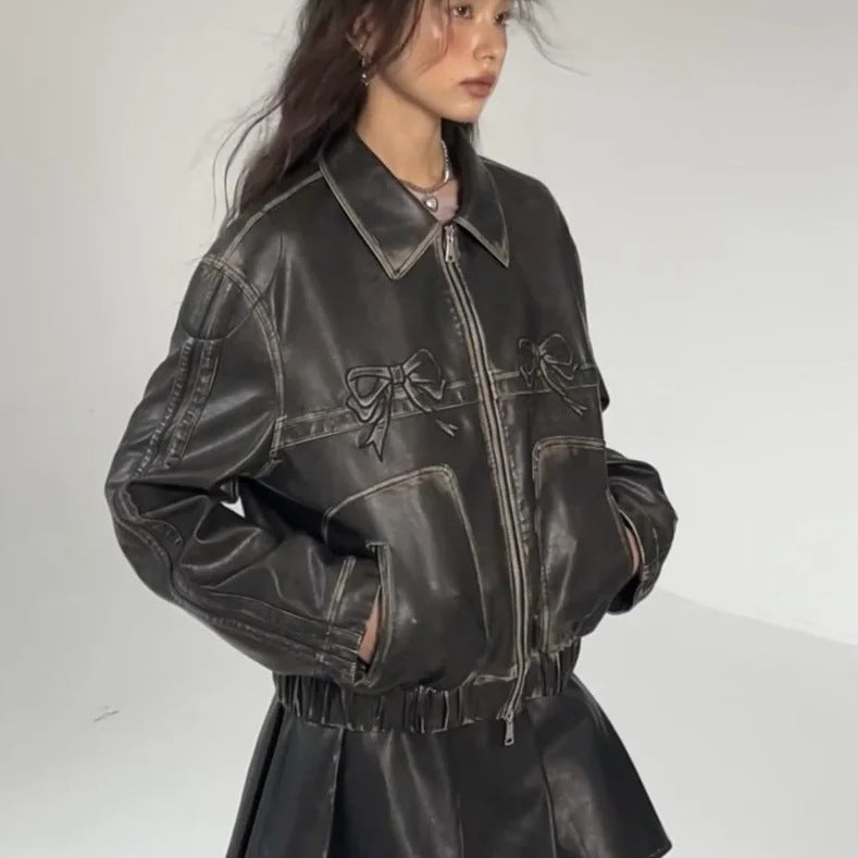 Sweet Bow Leather Bomber Jacket