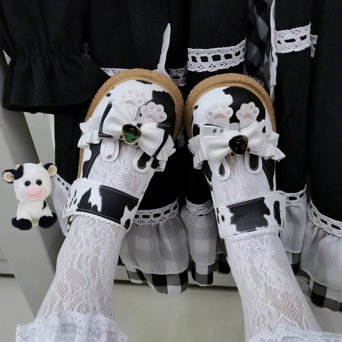 Cute Cow Femboy Sandals with Bow