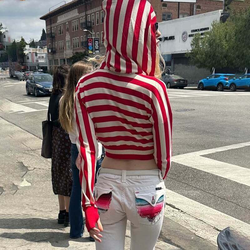 Red Striped V Neck Hoodie