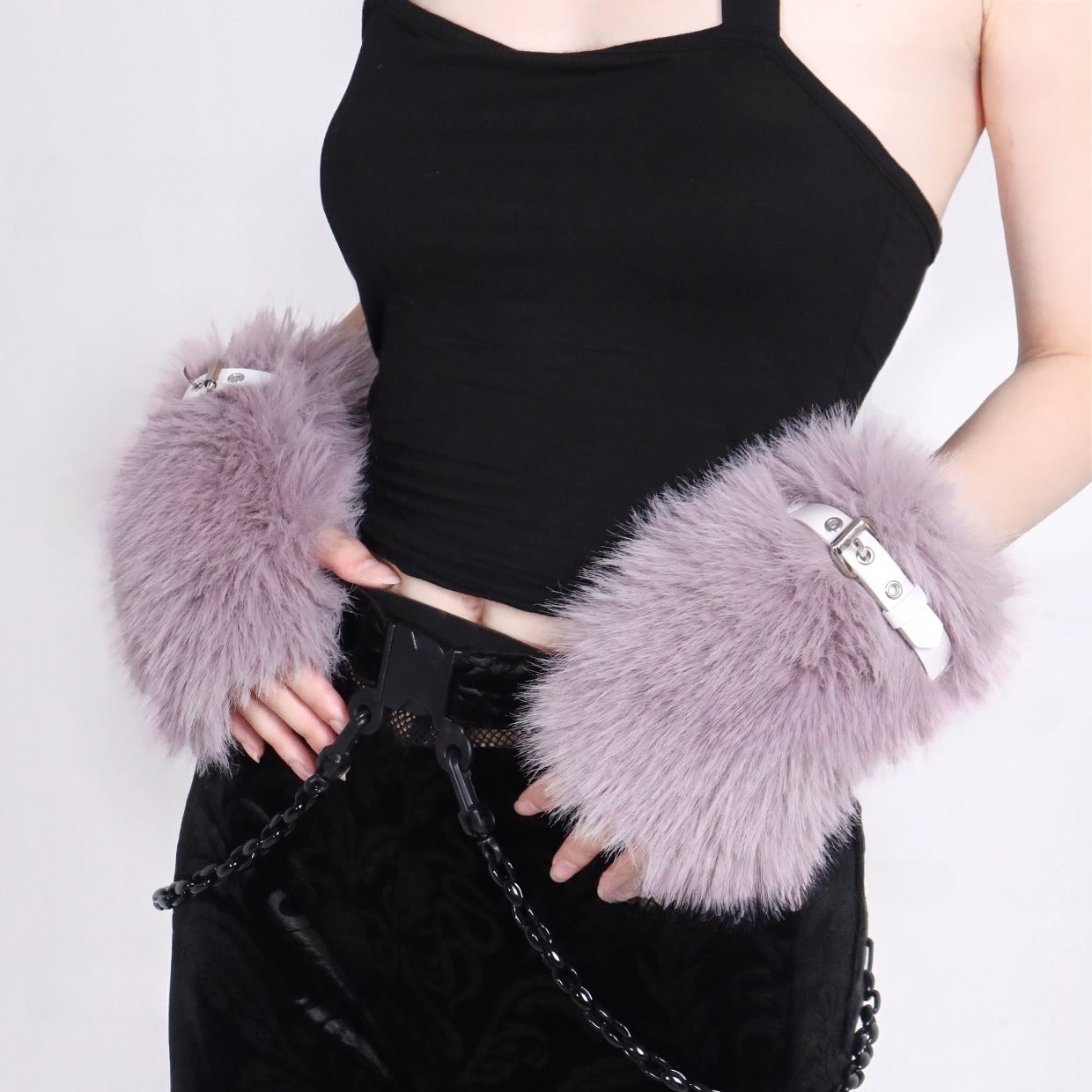 Purple Furry Gloves With Belt