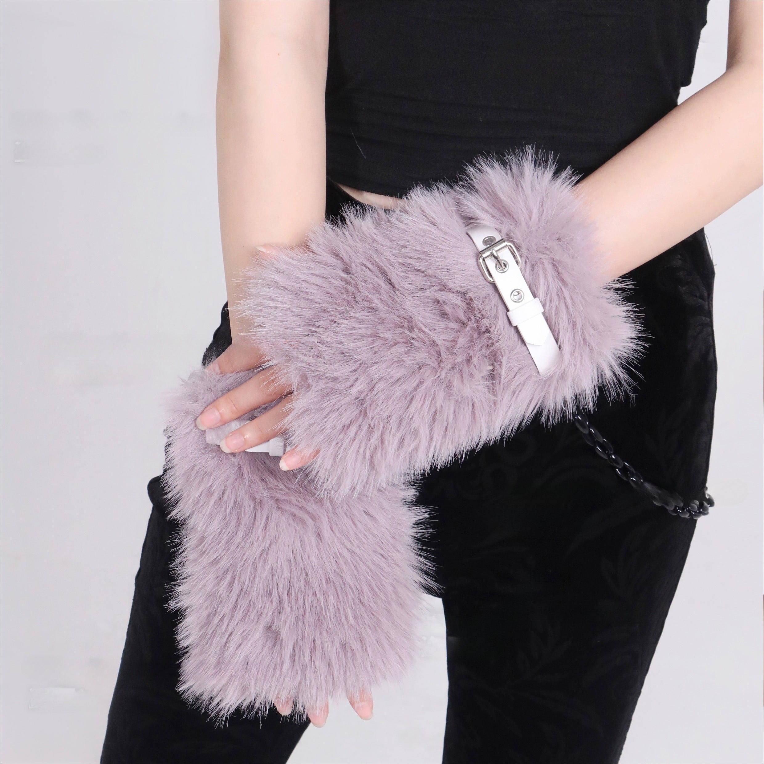 Purple Furry Gloves With Belt