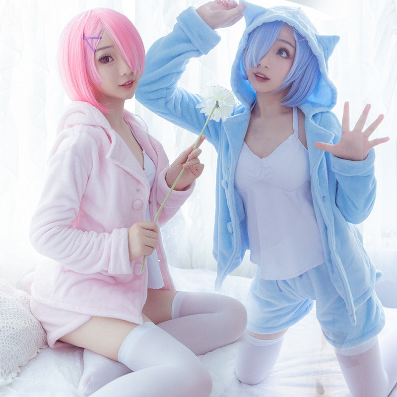 Rem and Ram Furry Cat Cosplay Pajamas Costume