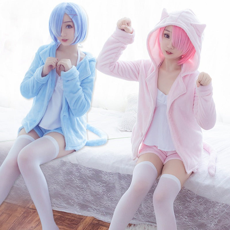 Rem and Ram Furry Cat Cosplay Pajamas Costume