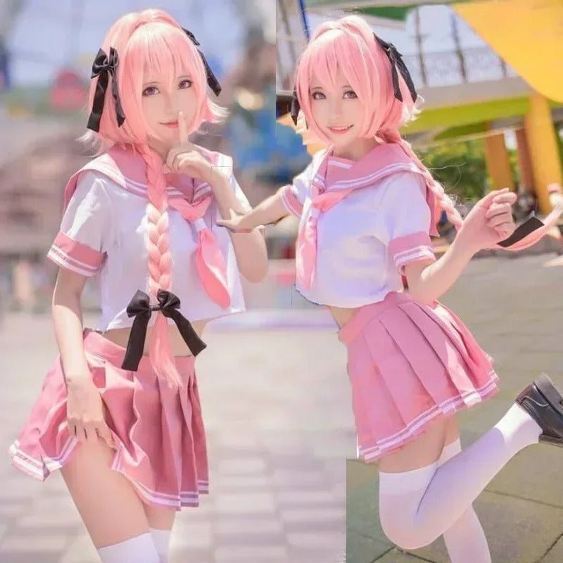 femboy in a Sailor Seifuku Astolfo Cosplay costume with braided hair at an outdoor location.