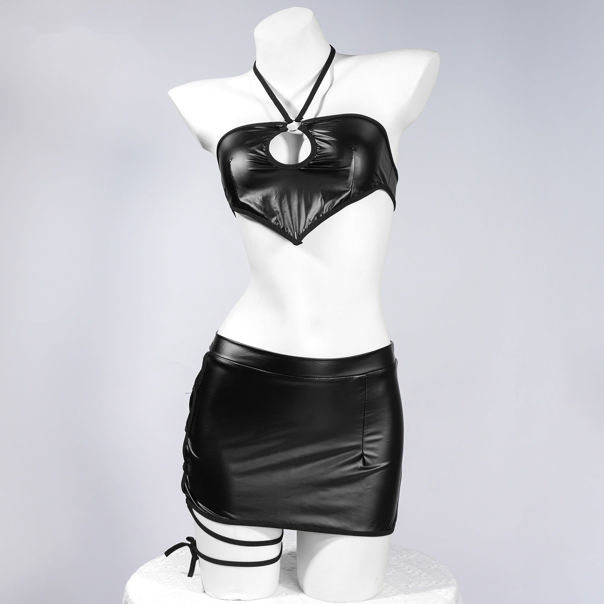 Side Strap Patent Leather Top Skirt Set