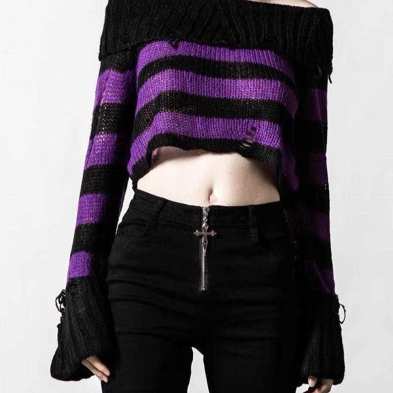 Stripe Off Shoulder Emo Crop Sweater