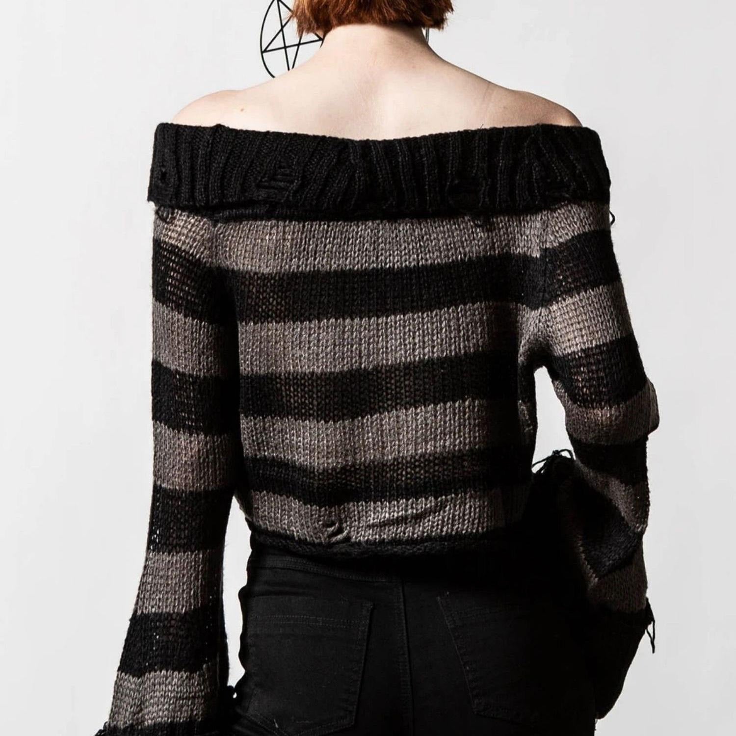 Stripe Off Shoulder Emo Crop Sweater