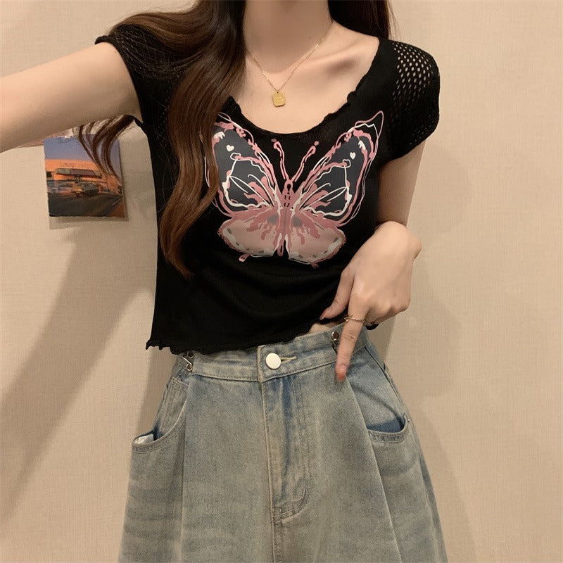 V Neck Butterfly Crop Top