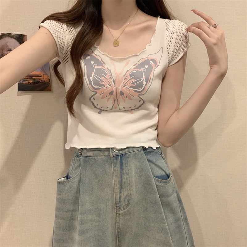 V Neck Butterfly Crop Top