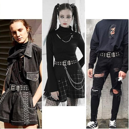 Double Grommets Leather Belt with Chain