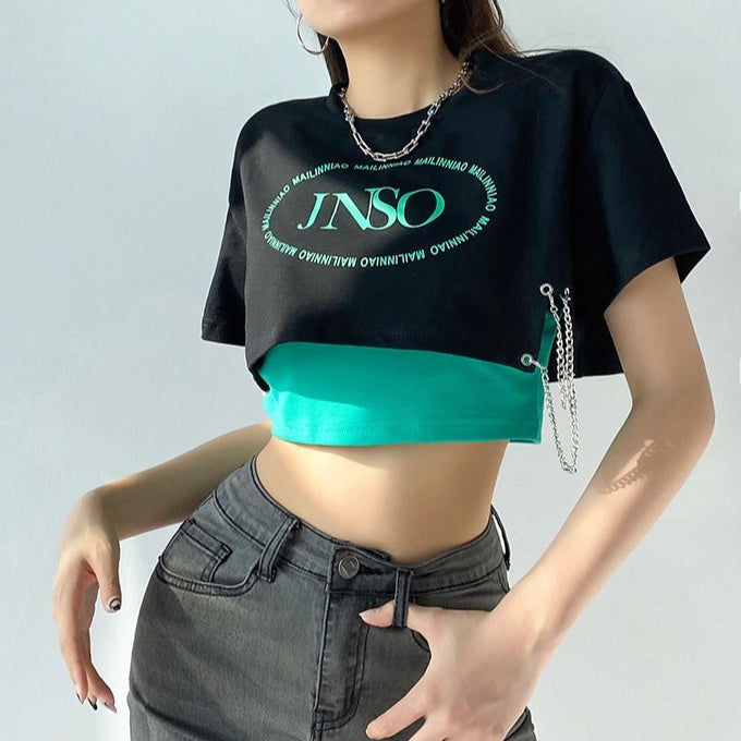 Letter T-shirt with Chain & Tank Crop Top Set
