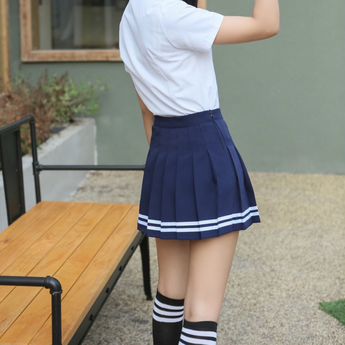 Stripe Pleated Skirt & White Shirt, Japanese School Uniform